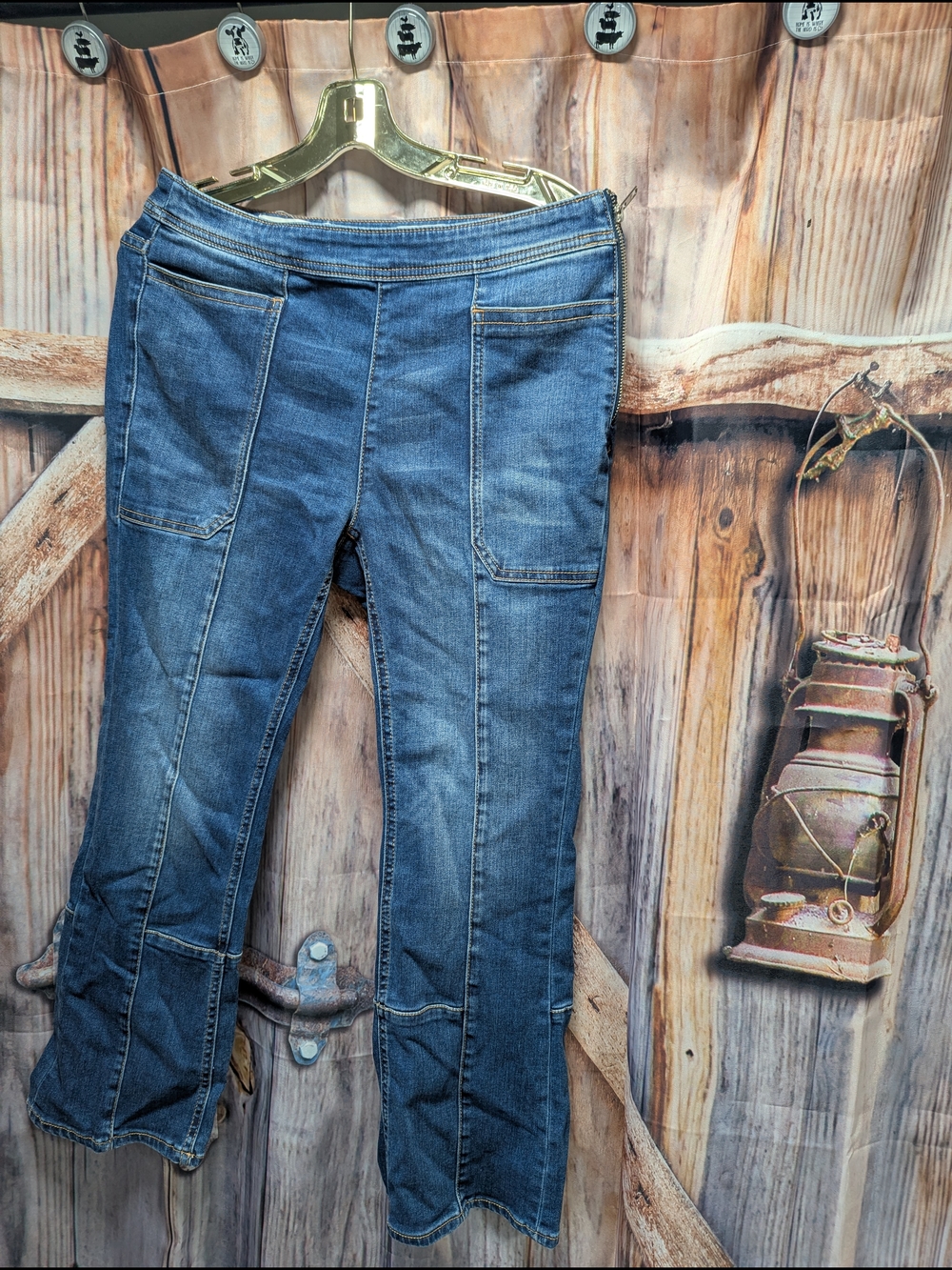 Pilcro Boot Cut Jeans in Medium Blue Denim with Contrast Stitching